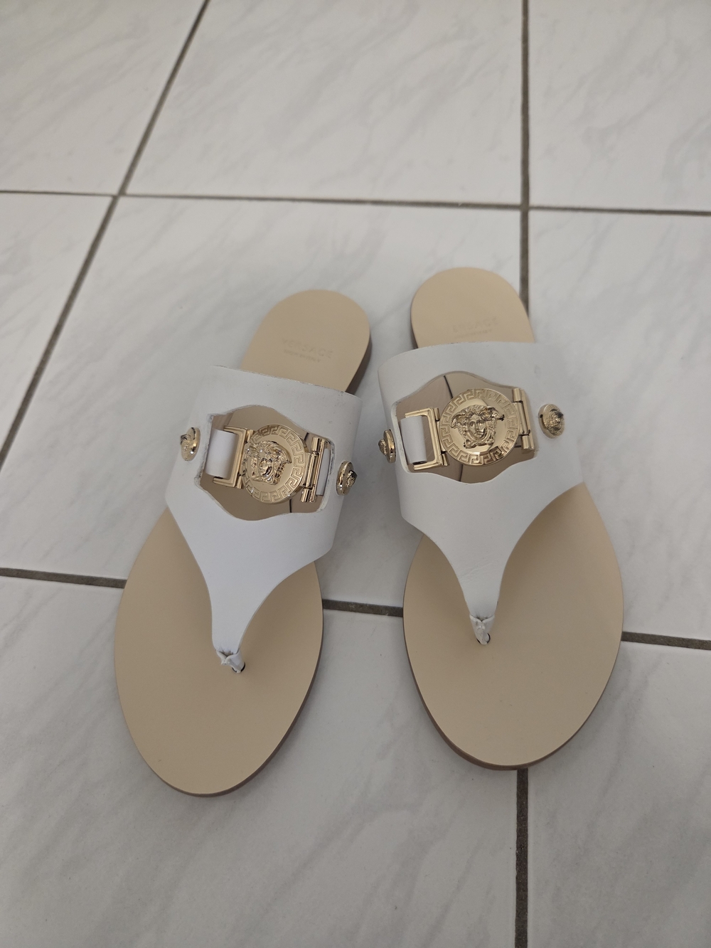 Versace Leather Thong Sandals with Signature Gold Medallion
